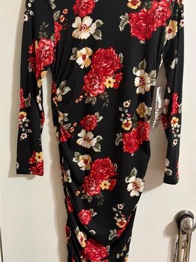 Almost Famous Black Long Sleeve Dress with Red & Cream Floral Print